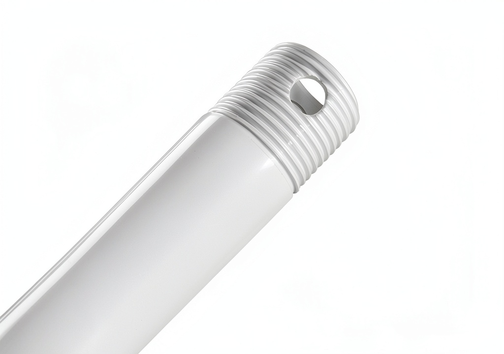 Minka Aire ceiling fan downrod installed in a bedroom with white finish